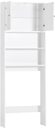 SoBuy Waschmaschinenschrank Badschrank Hochregal 65x182x20 cm Weiß | Badezimmerschrank mit offenen Fächern 3-stufig höhenverstellbar für Stauraum über WC oder Waschmaschine BZR165-W