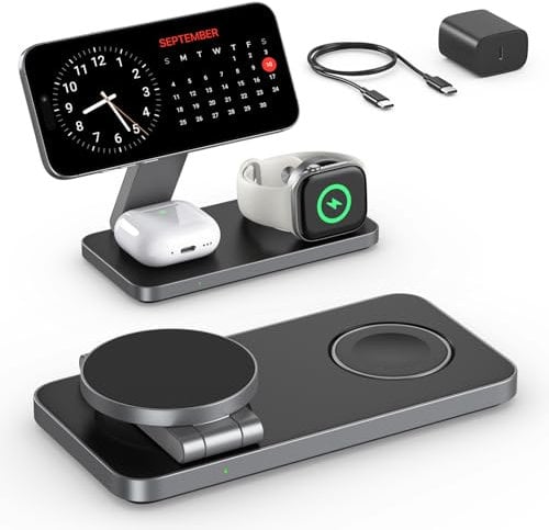 Kabelloses Ladegerät mit MagSafe, 3 in 1 Ladestation für Apple Faltbar Induktive Wireless Charger für iPhone 16 15 14 13 12, Apple Watch 10/9/8/7/6/SE/5/4/3/, AirPods Pro mit Schnell-Adapter