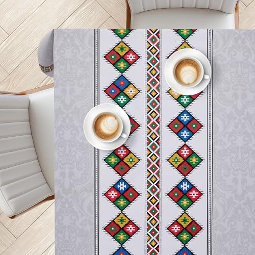 KP HOME Tovaglia Rettangolare In PVC Grigia Lavabile Con Stampa Indiana Raffinata – 200x140 cm – Tovaglia Cerata In Vinile Impermeabile E Facile Da Pulire Con Motivo Da Centrotavola Folk Per Esterni