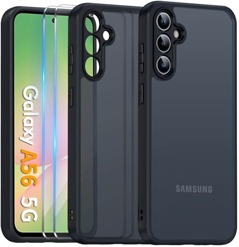 COPIKE Funda Mate para Samsung Galaxy A56 5G y Protector de Cámara, Carcasa Antigolpes Helada Translúcida Antihuellas con 2 Piezas Cristal Templado, Negro
