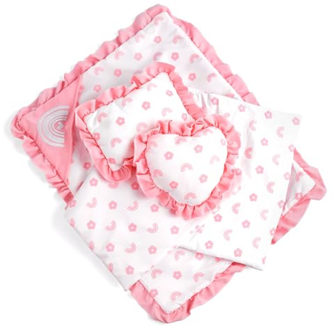 BABESIDE 4 Pcs Baby Doll Bedding Set for 17-22 Inch Babydolls, Babydoll Bed Accessories Dolls Blankets with Pillows for Reborn Baby Doll Accessories, Pink Flower & Rainbow Patterns