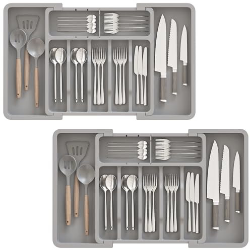 ABHENG Organizador de Cubiertos, Lot de 2, Organizador de Cajones para Utensilios de Cocina Extendible y Ajustable, Portacubiertos de Plástico con 9 Compartimientos,Gris,AFD012G