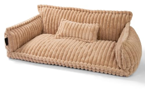 noviclass® Haustiersofa Chaffar Hundebett | Katzensofa Hundesofa | Orthopädische Matratze | Moderner Stil | Cord-Design Größen (Kamel, XL (120cm))