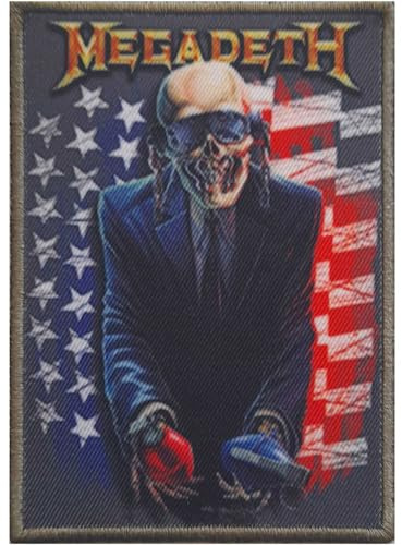 Megadeth Grenade USA Iron On Patch - Vic Rattlehead Logo, Polyester Woven, Black, 100mm x 50mm