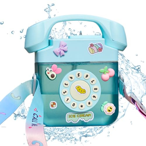 Xweptuy Cute Water Bottle Cartoon Telephone Shape 400ml PC Kids Water Bottle with Strap and Straw Sealed Leakproof Travel, Blue