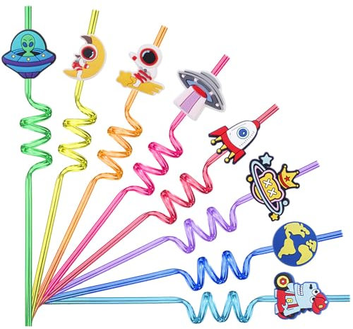 Calkkrer 16 Stück Weltraum Trinkhalme Set, Wiederverwendbare Spiralen Trinkhalme, Weltraum Party Dekoration, Universum Thema Partygeschenke Für Kinder, Geburtstag