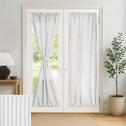 French Door Curtain Panel for Double Door Window Covering,Striped Linen Sheer Privacy Top Bottom Rod Pocket Modern Farmhouse Sliding Patio Door Shades 25x72 inches Long Light Grey