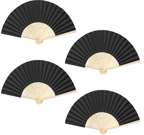 CavspkArt 4 Pcs Paper Hand Fan,Bamboo DIY Hand Fans Folding,Handmade Handheld Fans for Kids,Paper folding Fan Handheld for Wedding Party Favours,Home Decorations,Photo Props (Black)