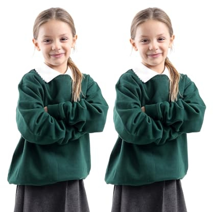 WOOD QUAIL Girls Boys Crew Neck Pack of 2 School Jumpers Kids Long Sleeve Fleece Unisex Round Neck School Uniform Jumper Sweatshirts (13-14 Years, 2x Bottle Green)