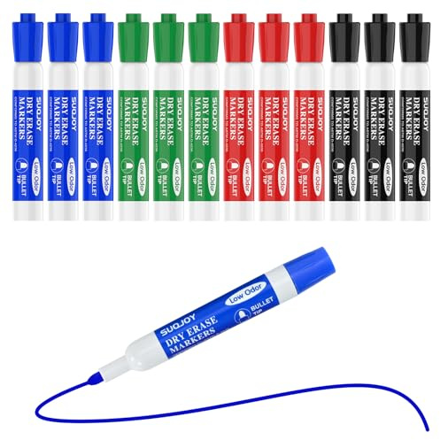 Whiteboard Marker 12er Set, 4 Farben Whiteboard Stifte Abwischbar, Dry Erase Marker Non Permanent mit 2,7 mm Rundspitze, Board Marker für Büro, Schule, Meetings und Homeoffice