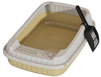 Offene Katzentoilette mit Schaufel, 48x32cm Katzen klo ohne Deckel, Katzenklo offen hoher Rand, Cat Litter Box, Katzen klo, für Kätzchen (Beige)