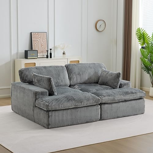 EINHOM 2 Sitzer Sofa mit Schlaffunktion, Couch mit Armlehnen, Polstersofa dick mit Cordbezug, Kombinierbares Sofa für Wohnzimmer/Schlafzimmer/Wohnung, 203.99x145x57 cm (Grau)