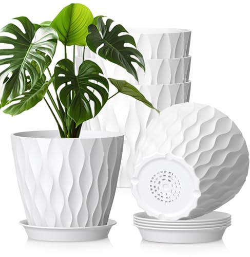 WSMKSZ 20 cm Plant Pots Indoor Outdoor Plants, 5 Pack Thick Plastic Flower Pots with Drainage Holes & Saucers, 3D Modern Wave Texture, Medium Decorative Planter Pots for Monstera, Geranium, White