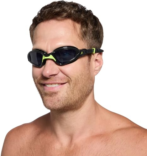 Zoggs Verstellbare Unisex-Schwimmbrille für Erwachsene mit bequemer weicher Dichtung und gebogenen Anti-Beschlag-Gläsern mit UV-Schutz, schwarz und grün, getönte Gläser