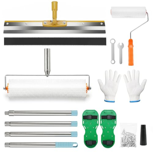 Stachelwalze Ausgleichsmasse Bodenanstrichset | Plastikschuhe, Doppelbelüftungswalzen (zwei Größen), Spachtel, Teleskopstiel, Schutzhandschuhe, Spikewalzenkompensator