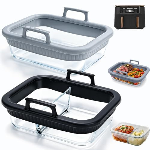2 Molde Cristal Freidora de Aire para COSORI/Ninja AF400 AF500 SL400 | Recipientes para la Cesta Reutilizable Accesorios Freidora de Aire con 2 Tapas y Anillo de Silicona, Lavable a Máquina