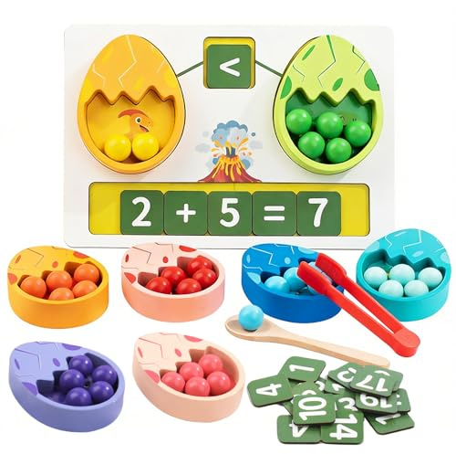 Wooden Montessori Colour Sorting Toys for Kids, Number Game, Dinosaur Theme | Learning Numbers, Counting & Arithmetic, Tweezers and Spoon Colour Sorting Game, Fine Motor Skills Training, Boy Girl Gift