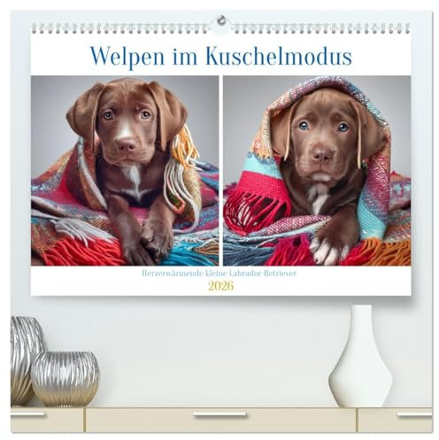 Welpen im Kuschelmodus - Herzerwärmende kleine Labrador Retriever (hochwertiger Premium Wandkalender 2026 DIN A2 quer), Kunstdruck in Hochglanz: Welpen voller Wärme und Geborgenheit (CALVENDO Tiere)