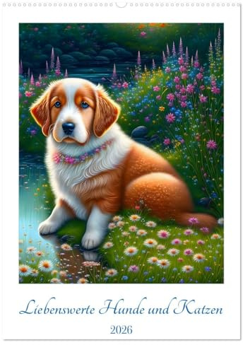 Liebenswerte Hunde und Katzen (Wandkalender 2026 DIN A2 hoch), CALVENDO Monatskalender: Zauberhafte Hunde- und Katzenbilder im Stil naiver Malerei (CALVENDO Tiere)