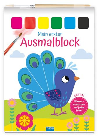 TRÖTSCH - Mein erster Ausmalblock Pfau | Malbuch mit Wassermalfarben auf jeder Seite | Ab 3 Jahren: Kunterbuntes Ausmalbuch mit niedlichen Motiven ... Malbuch inklusive Pinsel | Ab 3 Jahren