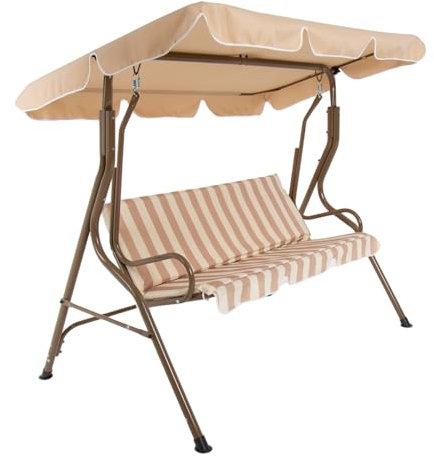 CHARLES BENTLEY 2-3 Seater, Garden, Patio, Outdoor, Swing Seat Hammock Chair, Beige, White Striped, Weatherproof, Swinging Function, Thick Seat, Back Cushion, Steel Frame, Easy To Use (173x111x154cm)