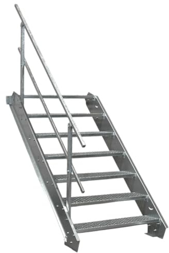 SRM Design 7 Stufen Stahltreppe Breite 90 cm verzinkt 1x Geländer | Geschosshöhe 100 - 140 cm feuerverzinkt Robuste Außentreppe Wangentreppe Stabile Industrietreppe Außenbereich