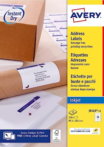 AVERY - 210 Étiquettes Adresse Autocollantes Blanches Personnalisables - Format 99,1 x 38,1 mm - Impression Jet d'Encre