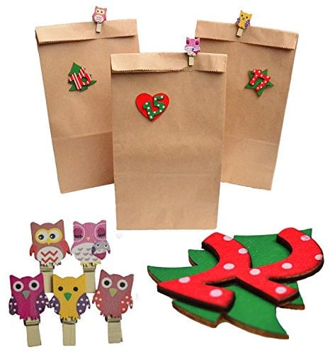 our fantasy time 24 XL groß Kraftpapiertüten & Naturholzscheibe Zahlen & Klammern mit Eule & Klebepunkten - zum selber Basteln
