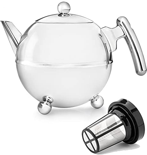 Bredemeijer Bella Ronde Edelstahl-Teekannen-Set 1.5 L - Große doppelwandige Edelstahlkanne in Kugelform mit Füßen, silber - Mit Tee-Filter Sieb-Aufsatz für losen & Blätter-Tee