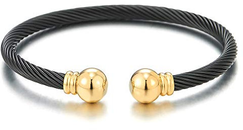 COOLSTEELANDBEYOND Gold Schwarz Elastische Verstellbare-Edelstahl Armband für Herren Damen Verdrehten Stahlkabel Armreif Poliert