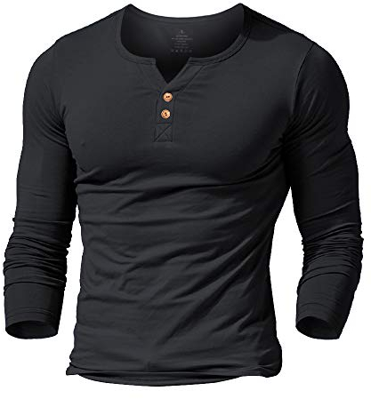 Mens Long Sleeve Muscle Slim Fitted Cotton Henley T-Shirt with Buttons Black L