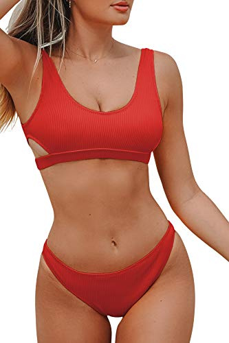 CUPSHE Damen Bikini Set U Ausschnitt Rückenfrei Bandeau Bikini Gerippte Bademode Cut-Out Zweiteiliger Badeanzug Rot S