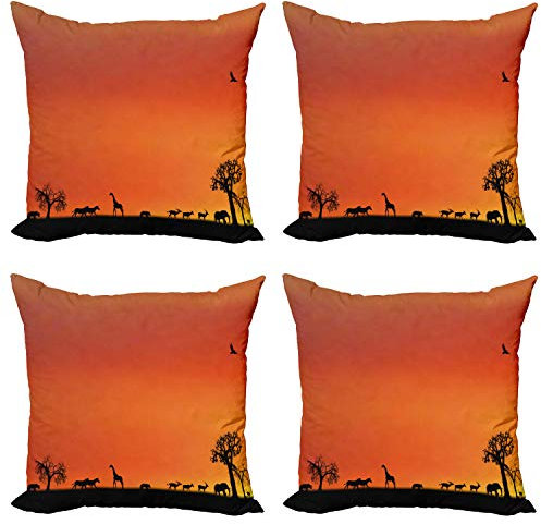 ABAKUHAUS Afrika Dekokissen Kissenbezug 4er Pack, Safari Sonnenuntergang mit Gull, Modern Accent Doppelseitiger Digitaldruck, 50 x 50 cm, Burnt Orange Schwarz