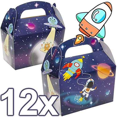 Carpeta 12x Mitgebselbox * Weltraum * für Kindergeburtstag | Geschenkboxen für Mitgebsel aus Pappe | Partybox mit Tragegriff | Partytüten Astronaut Rakete Weltall Space