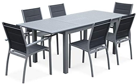 Alice's Garden - Ausziehbarer Tisch Gartengarnitur - Chicago 210 Grau - Aluminiumtisch 150/210 cm mit Verlängerung und 6 Sitzen aus Textilene