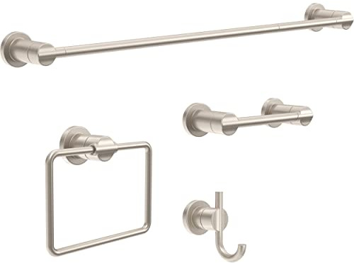 DELTA FAUCET NIC64-DN Nicoli 4-Piece Bath Hardware Set 18 to 24 in. Towel Bar, Toilet Paper Holder, Towel Ring, Towel Hook in Brushed Nickel