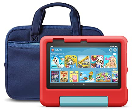 Fire 7 Kids-Tablet (16 GB, rot) + NuPro Hülle mit Reißverschluss (Marineblau/Blau)