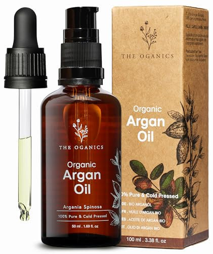 THE OGANICS® Moroccan Argan Oil 50ml – Organic, 100% Pure, Natural & Cold-Pressed – Nourishes and Protects Skin, Hair, Body & Nails – Vegan, Cruelty-Free – Glass Bottle+ Pipette+Pump