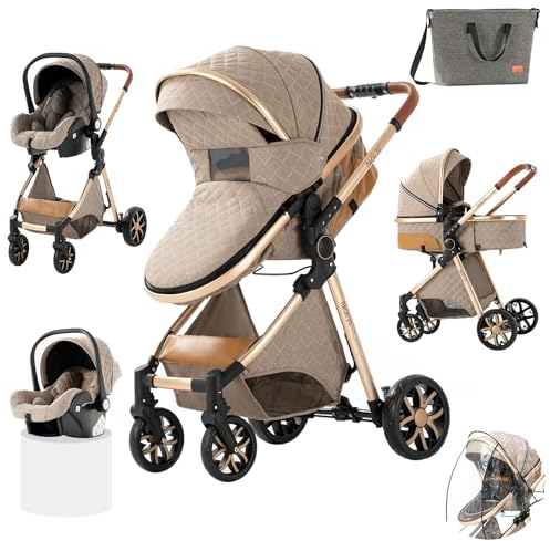 Prokoke Passeggino Trio, Trio Passeggino Neonati con Due Modi Reversibili per Spingere, Passeggino 3 in 1 con Una Lega di Alluminio a Cornice, Trio con Design Pieghevole in Un Clic (225 Khaki)