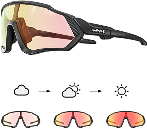 KAPVOE Photochromatische Selbsttönend Fahrradbrille TR90 Rahmen für Herren Damen Klar Sportsonnenbrille Sport Radfahren MTB Radbrille Sportbrille Fahren Angeln Laufen Rot Schwarz 02