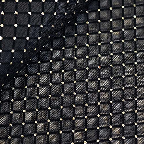 (14,21 /m2) Netzstoff schwarz gold | Mesh Tüll elastisch Glitzerpunkte | Meterware zum Nähen (Rauten schwarz gold)