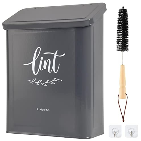 Perfnique Magnetic Lint Bin for Laundry Room with Lint Brush, Wall Mounted Lint Holder Trash can with lid for Dryer, Modern Farmhouse Rustic Metal Laundry Room Storage Organization and Decor(Gray)