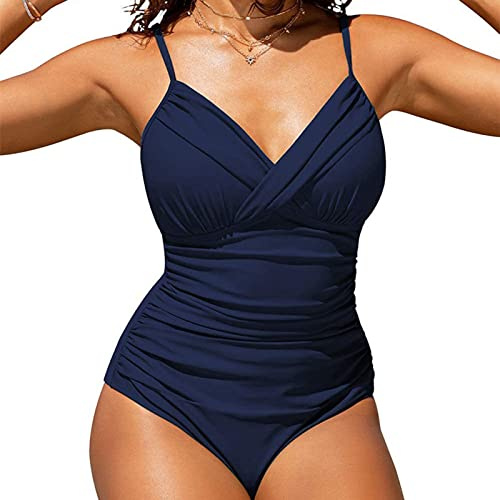 Bañador Mujer Reductores Vientre Plano Push up Elegante Traje de Baño con Aros Cuello en V Ajustables Tipo Sling Control de Barriga Pecho Grande Bañadores Mujer Verano Despedida Soltera