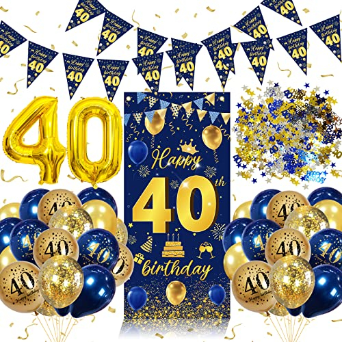 40. Geburtstag Deko Banner & Girlande - Blau-Gold, Luftballons & Konfetti