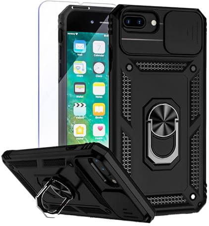 Teayoha Camera Case for iPhone 7 Plus iPhone 8 Plus,with Screen Protectors, Military Grade Shockproof Cover with Magnetic Rotatable Ring Kickstand Protective Case (5.5-Inch),Black
