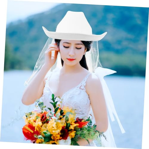 CHILDWEET Braut Cowboyhut Mit Schleier Für Frauen Eleganter Cowgirl Hut Für Junggesellenabschied Und Hochzeitsdekoration Weißer Hut Mit Perlenverzierung Und Modernem Design Für Besondere