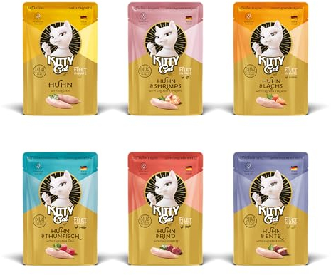 KITTY Cat Mix Filet in Paté, 6 x 85 g, Nassfutter für Katzen im Probierpaket, feinstes Katzenfutter mit Taurin, Lachsöl und Grünlippmuschel, getreidefrei mit extra viel Fleisch, Made in Germany