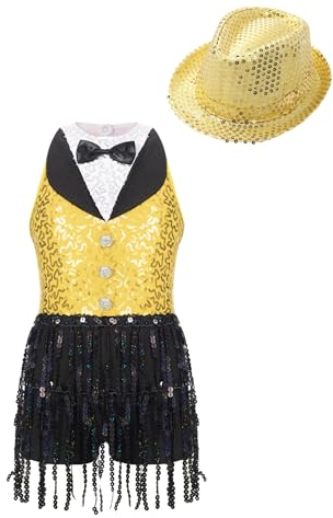 Runhomal Mädchen Pailletten Turnanzug Tanzbody Gymnastik Leotard mit Hut Jumpsuit Gymnastikanzug Kinder Gymnastiktrikot Turntrikot Ballettanzug Gold 170