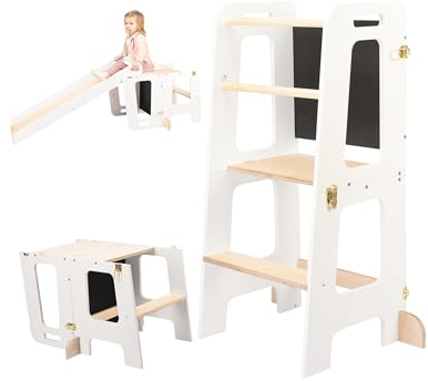 DeveKids Lernturm ab 1 Jahr (Weiß und Holz, Mit Rutsche)