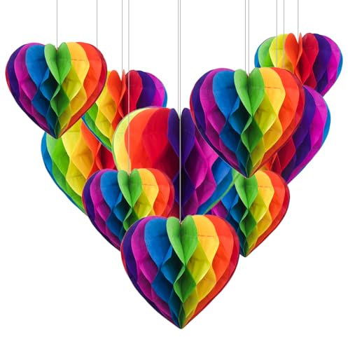 10PCS Rainbow Party Decorations Rainbow Birthday Decorations, Pride Decorations Honeycomb Decorations, Paper Pom Poms Decorations Paper Lanterns Decorations for Wedding Festival Infant Baptism,6in